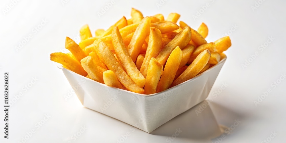 Crispy Delight Close-up of Golden-brown French Fries in White Paper Container, Minimalist Food Photography for Fast Food Concepts and Culinary Joy Crispy Delight Close-up of Golden-brown French Fries in White Paper Container, Minimalist Food Photography for Fast Food Concepts and Culinary Joy