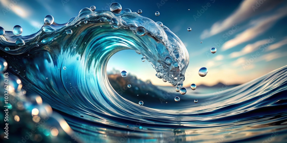 Fototapeta premium Dramatic Turquoise Wave Break Close-Up with Swirling Crest, Serene Blue Sky Background - Nature's Power and Beauty Captured in Motion