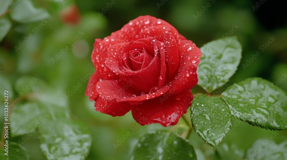 A single red rose stands illuminated by raindrops showcasing natures delicate artistry A single red rose stands illuminated by raindrops showcasing natures delicate artistry