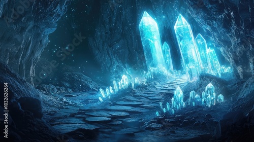 Glowing Crystals in Mysterious Cave Interior