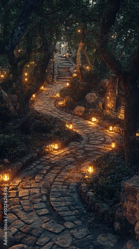 Obraz premium Mystical Pathway Illuminated by Glowing Lanterns