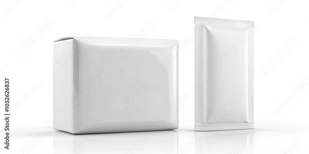 Elegant Minimalist White Blank Box and Sachet Mockup for Branding - Clean Design with Reflective Surface, Showcase Product Packaging Concepts Elegant Minimalist White Blank Box and Sachet Mockup for Branding - Clean Design with Reflective Surface, Showcase Product Packaging Concepts
