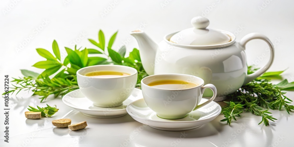 Elegant Tea Time Still Life White Porcelain Teapot and Green Tea Cups with Fresh Herbs on Minimalist Background, Serene and Relaxing Concept for Lifestyle and Culinary Content Elegant Tea Time Still Life White Porcelain Teapot and Green Tea Cups with Fresh Herbs on Minimalist Background, Serene and Relaxing Concept for Lifestyle and Culinary Content