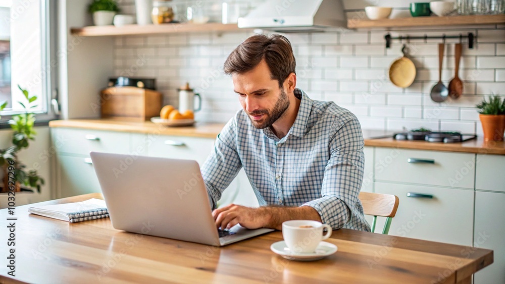 A person typing on a laptop while sitting at a kitchen table A person typing on a laptop while sitting at a kitchen table