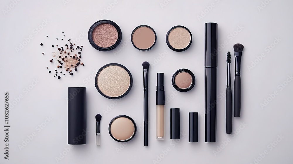 Variety of makeup products arranged on a white background Variety of makeup products arranged on a white background