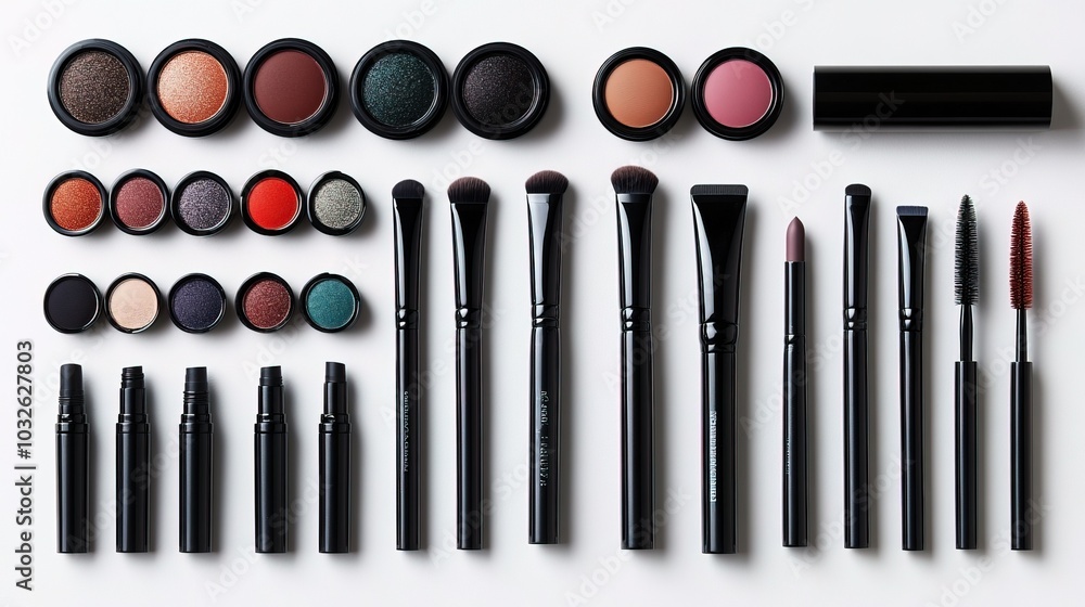 Variety of makeup products arranged on a white background Variety of makeup products arranged on a white background