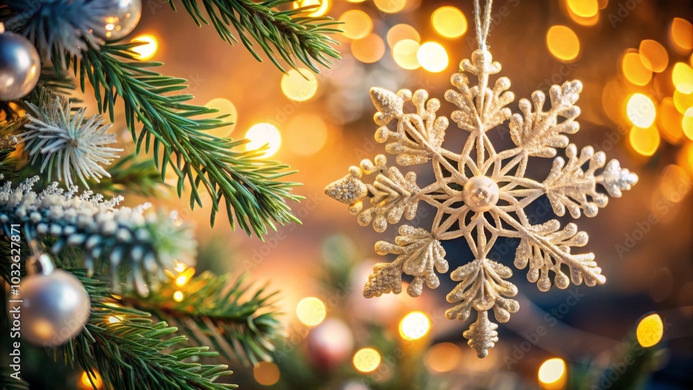 Sparkling Snowflake Ornament on Christmas Tree Sparkling Snowflake Ornament on Christmas Tree