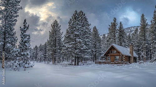 Serene Cabin Surrounded by Snowy Forest