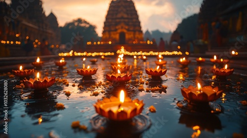 Indian temple with diyas and lights for Diwali photo