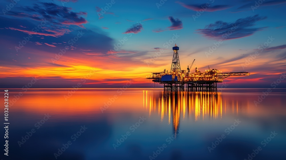 Serene Evening View of an Oil Platform at Sunset Serene Evening View of an Oil Platform at Sunset