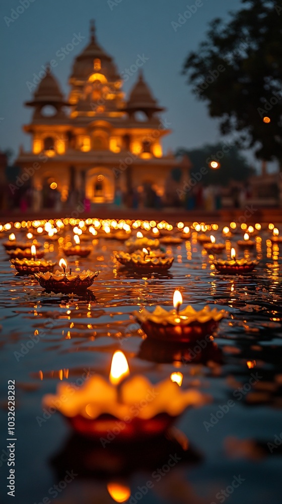 Indian temple with diyas and lights for Diwali Indian temple with diyas and lights for Diwali