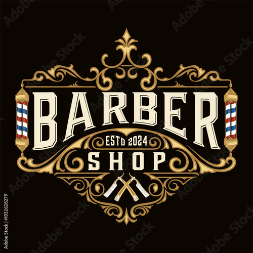 Barbershop logo. Illustration of razor tool with barbers pole vintage style perfect for barber or hair salon.	