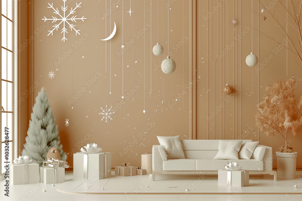 A white room with a Christmas tree and a moon hanging from the ceiling A white room with a Christmas tree and a moon hanging from the ceiling