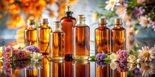 Golden Amber Glass Bottles with Warm Floral Reflections - Tranquil Wellness Concept for Natural Beauty, Spa, and Relaxation