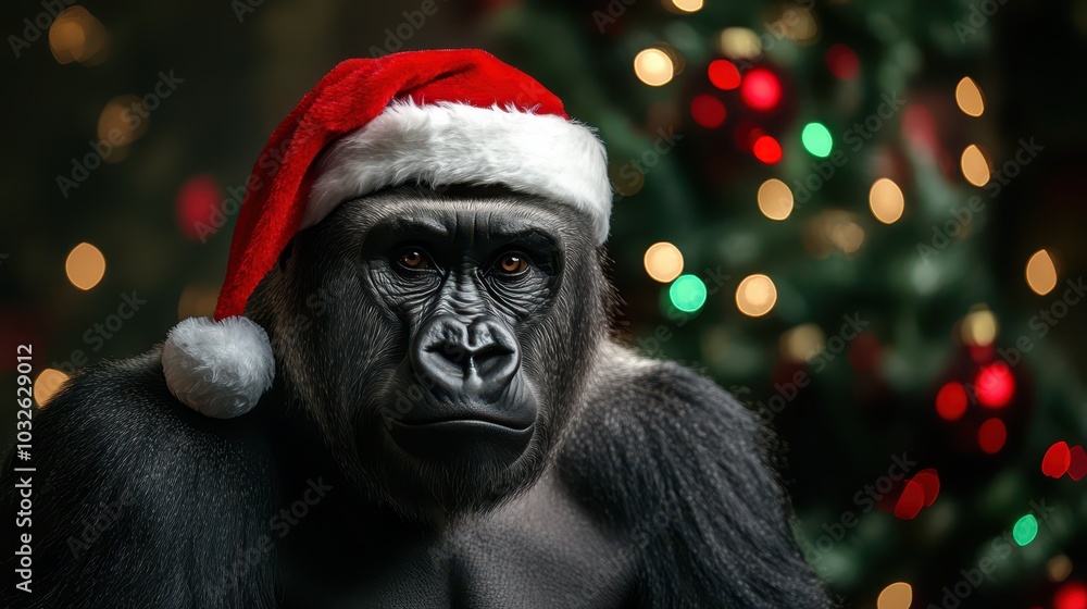 Thoughtful gorilla wearing Santa hat against festive Christmas lights Thoughtful gorilla wearing Santa hat against festive Christmas lights
