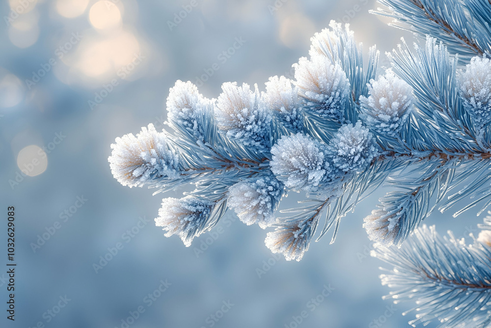 A close-up of a frosted evergreen branch showcasing delicate ice crystals and a serene blue backdrop. A close-up of a frosted evergreen branch showcasing delicate ice crystals and a serene blue backdrop.
