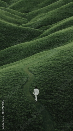 Lone Figure Walking on Winding Path Through Fields 