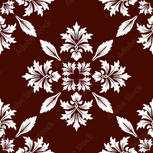 A symmetrical floral pattern in white on a rich brown background, showcasing elegant leaf and flower designs for a classic retro feel.