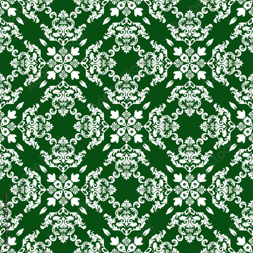A decorative floral pattern with intricate white designs on a rich green background, creating an elegant and stylish look.