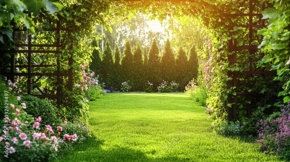 Naklejka premium Sunlight filters through a vine covered trellis revealing a vibrant garden full of blossoms