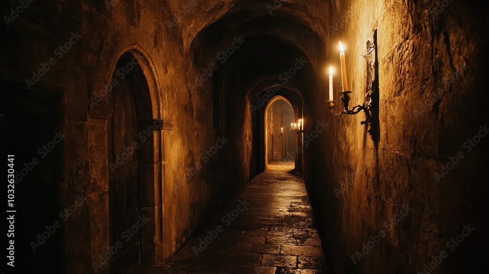 Fototapeta premium Mysterious Corridor in an Old Castle with Candlelight