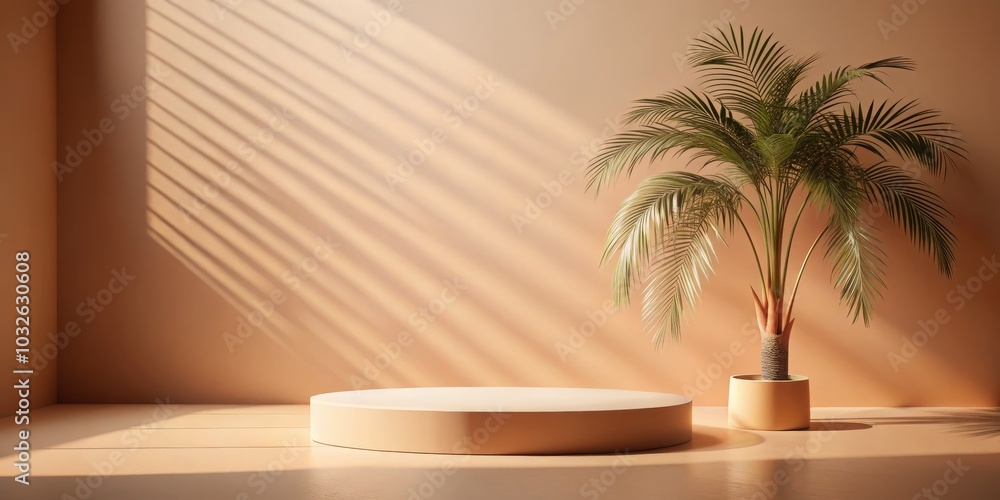 Minimalist Serenity Contemporary Circular Podium in Golden Light, Tranquil Palm Tree Shadows Modern Interior Design Concept for Product, Social Media, and Inspirational Usage Minimalist Serenity Contemporary Circular Podium in Golden Light, Tranquil Palm Tree Shadows Modern Interior Design Concept for Product, Social Media, and Inspirational Usage