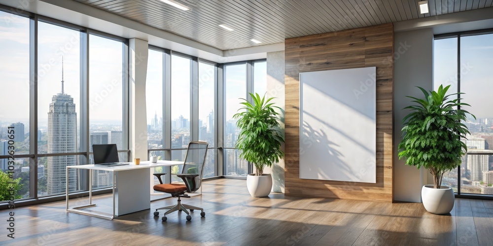 Minimalist Office Interior with Cityscape View - Modern Asymmetry, Serene Workspace Luxury Urban Professional Setting for Design Inspiration, Business Marketing, Real Estate Minimalist Office Interior with Cityscape View - Modern Asymmetry, Serene Workspace Luxury Urban Professional Setting for Design Inspiration, Business Marketing, Real Estate