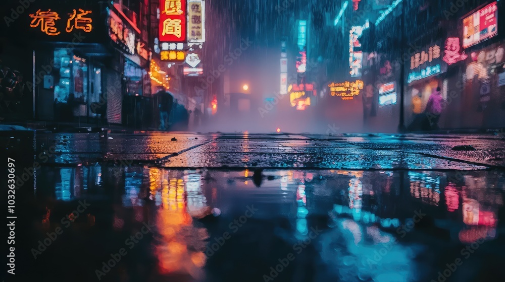 Rainy Night Reflections on a Shadowy Street Rainy Night Reflections on a Shadowy Street