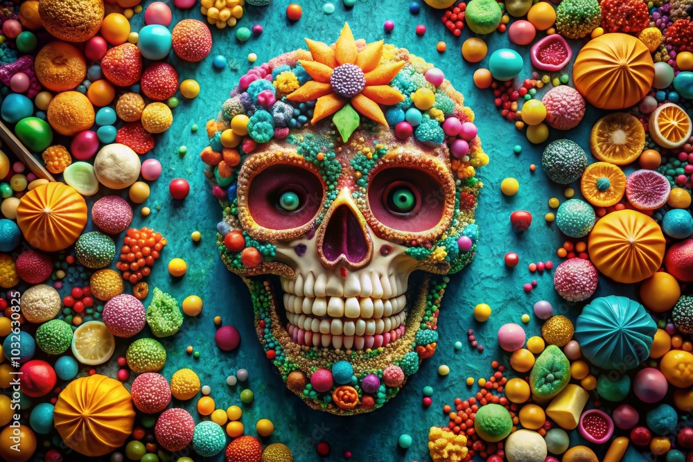 Colorful Skull with Sweet Treats Illustration Colorful Skull with Sweet Treats Illustration
