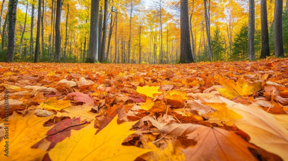 Golden leaves blanket the forest floor inviting peaceful strolls amid the autumn glow Golden leaves blanket the forest floor inviting peaceful strolls amid the autumn glow