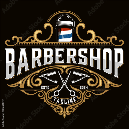 Barbershop logo. Illustration of razor tool with barbers pole vintage style perfect for barber or hair salon.	