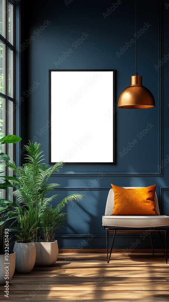 A modern interior featuring a framed picture on the wall, creating a cozy and inviting atmosphere. Mockup, mock-up A modern interior featuring a framed picture on the wall, creating a cozy and inviting atmosphere. Mockup, mock-up