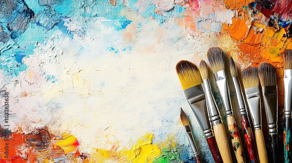 Fototapeta premium Blank canvas surrounded by paintbrushes and paints 