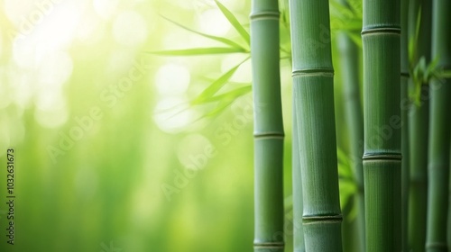 New bamboo shoots thrive peacefully in a quiet grove glowing in gentle sunlight