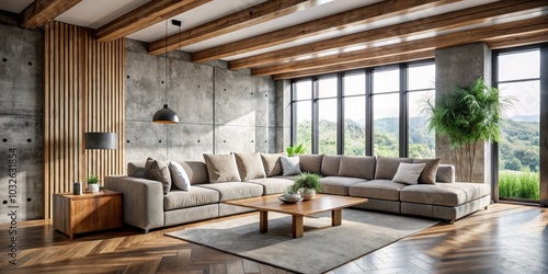 Wallpaper Mural Modern Living Room Oasis Elegant Beige Sectional Sofa in Tranquil Setting with Natural Wood Accents, Concrete Textured Wall, and Panoramic View - Interior Design Concept for Torontodigital.ca