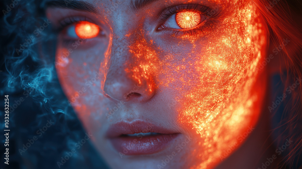 Mystical portrait of a woman with glowing eyes, surrounded by vibrant colors and ethereal effects, evoking a sense of wonder. Mystical portrait of a woman with glowing eyes, surrounded by vibrant colors and ethereal effects, evoking a sense of wonder.