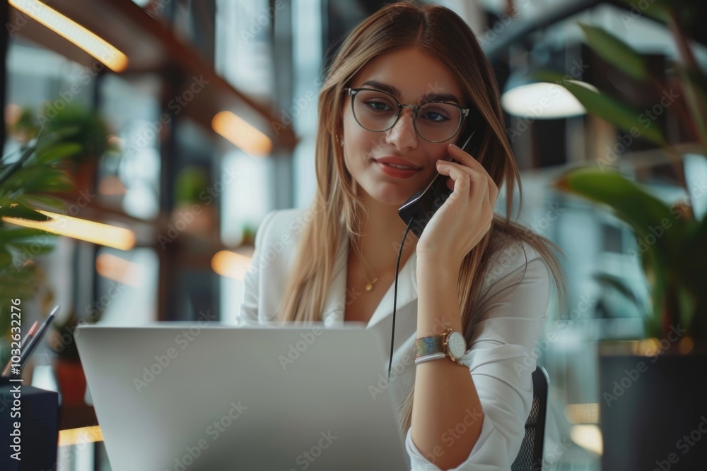 Young business woman multitasking at office smiling. Young business woman multitasking at office smiling.