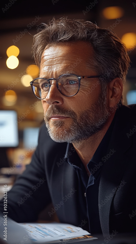 Thoughtful businessman with a serious expression in a corporate setting, emphasizing leadership and analytical skills. Thoughtful businessman with a serious expression in a corporate setting, emphasizing leadership and analytical skills.