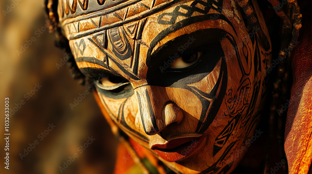photograph of a traditional African mask, wood texture, earthy colors, vibrant colors in details, shadows highlight
