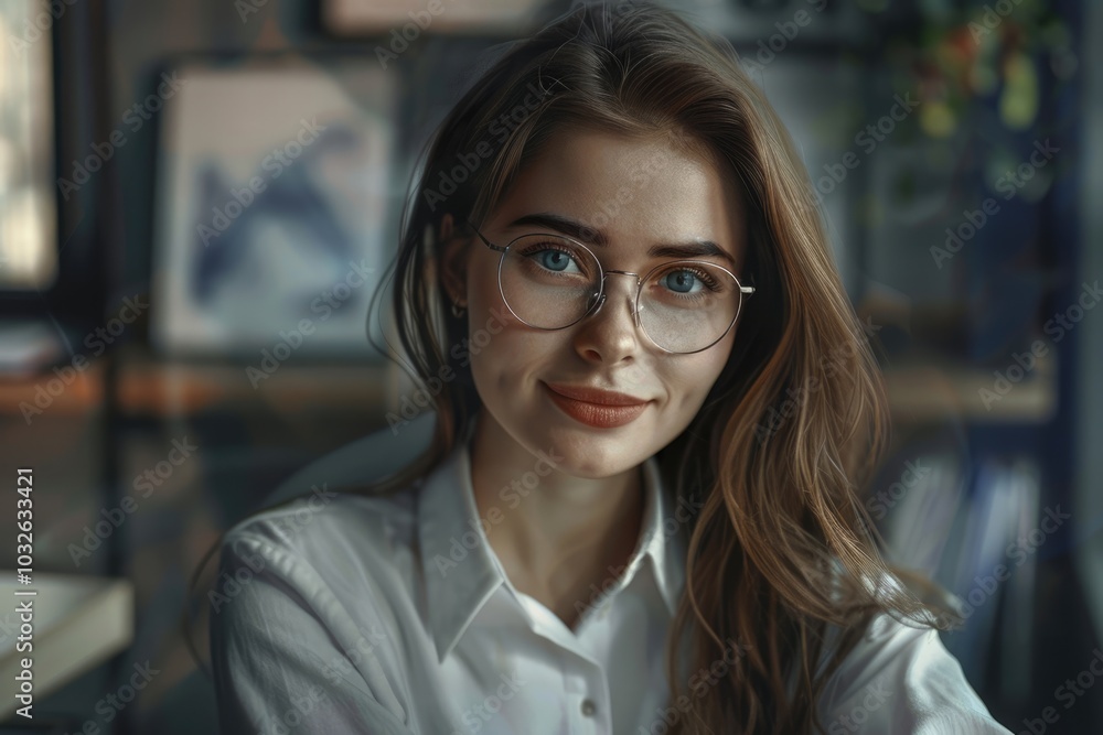 Portrait of smiling pretty young business woman in glasses sitting on workplace Portrait of smiling pretty young business woman in glasses sitting on workplace