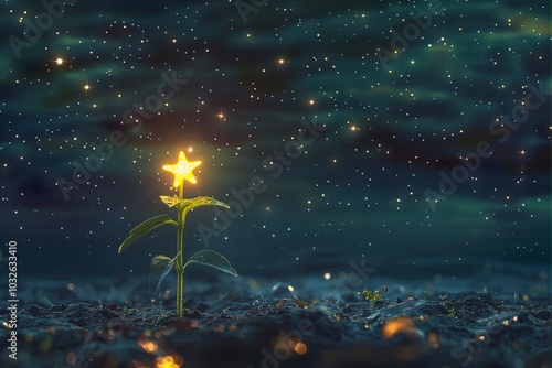 A young plant bearing bright star-shaped fruits against a beautiful night sky background photo