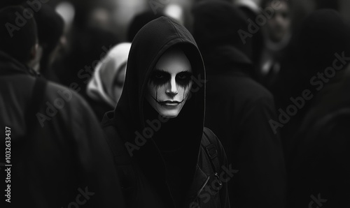 Hooded figure with dark makeup stares intensely. photo