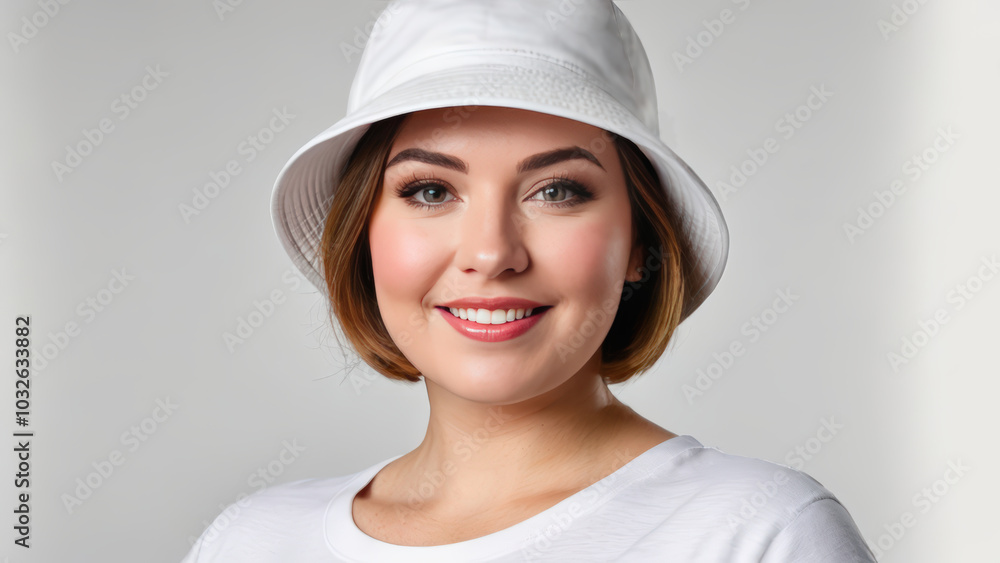 Plus size woman with short hair wearing white t-shirt and white bucket hat isolated on grey background Plus size woman with short hair wearing white t-shirt and white bucket hat isolated on grey background