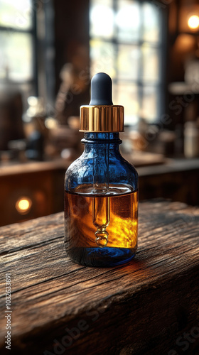 Glass dropper bottle with essential oils on a wooden surface, symbolizing natural wellness and self-care.