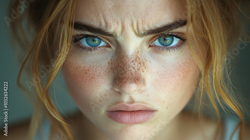 A close-up of a young woman with an intense gaze, representing strength, beauty, and emotional depth in a captivating manner.