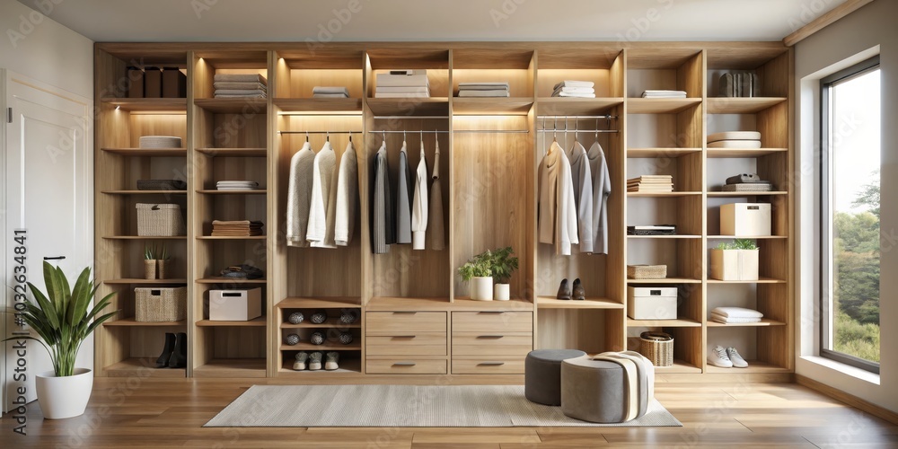 Symmetrical Elegance Luxurious Wooden Walk-In Closet with Organized Shelves and Soft Fabric Textures, Tranquil Home Interior Design Concept Symmetrical Elegance Luxurious Wooden Walk-In Closet with Organized Shelves and Soft Fabric Textures, Tranquil Home Interior Design Concept