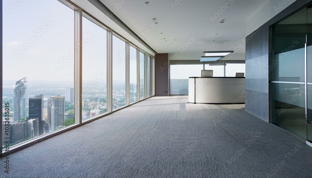 Fototapeta premium Clean office corridor with panoramic windows, city view, reception desk and daylight. 3D Rendering.