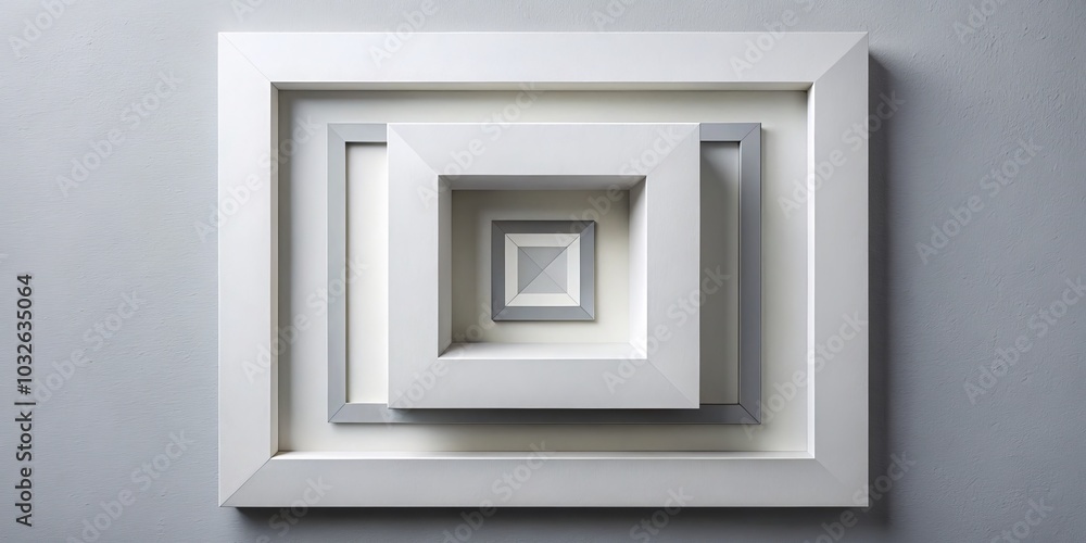 Symmetrical White Square Frames on Grey Wall - Minimalist Depth and Perspective Concept for Interior Design, Architectural Projects Symmetrical White Square Frames on Grey Wall - Minimalist Depth and Perspective Concept for Interior Design, Architectural Projects