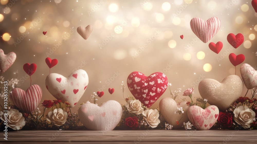 Decorative hearts and flowers create a romantic atmosphere, perfect for Valentine's Day celebration or wedding decor in soft lighting. With copy space for text. Decorative hearts and flowers create a romantic atmosphere, perfect for Valentine's Day celebration or wedding decor in soft lighting. With copy space for text.