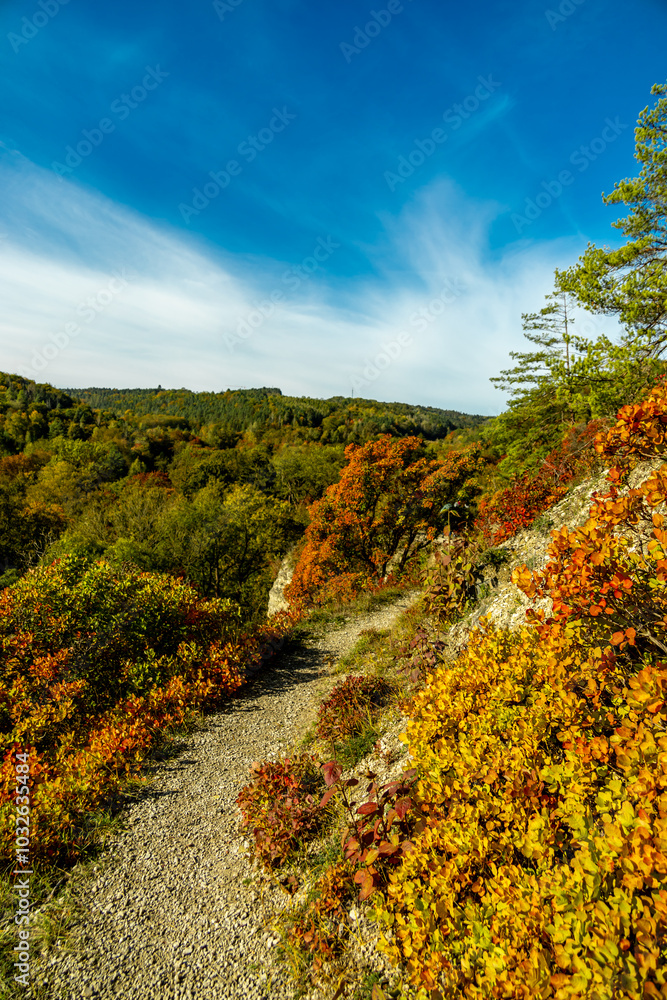 Fototapeta premium Eine farbenfrohe herbstliche Wanderung durch die wunderschöne Landschaft der Saale Horizontale bei Jena - Thüringen - Deutschland